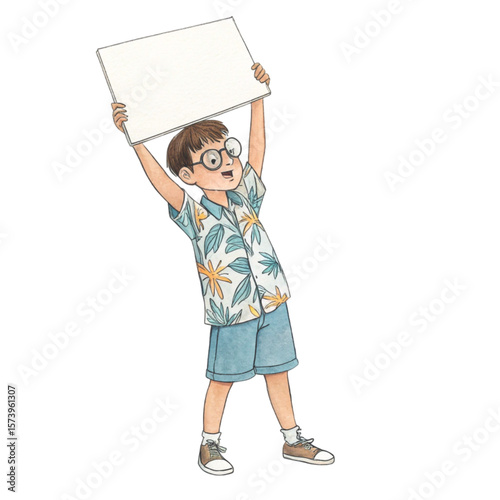 Child wearing Hawaiian costume wearing glasses standing holding a white sign blank Clipart watercolor 
