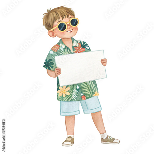 Child wearing Hawaiian costume wearing glasses standing holding a white sign blank Clipart watercolor 
