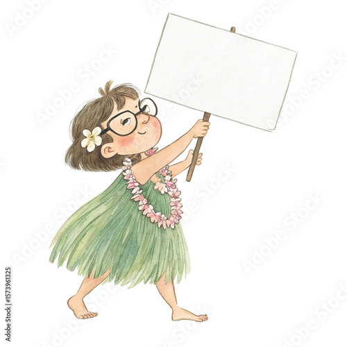 Child wearing Hawaiian costume wearing glasses standing holding a white sign blank Clipart watercolor 
