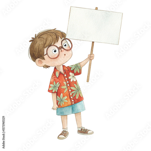 Child wearing Hawaiian costume wearing glasses standing holding a white sign blank Clipart watercolor 
