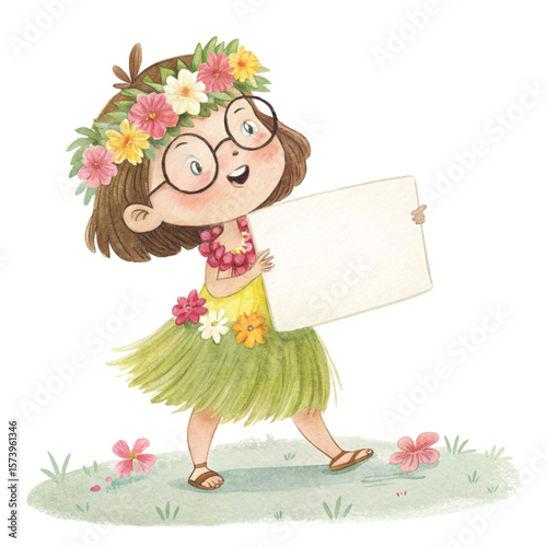 Child wearing Hawaiian costume wearing glasses standing holding a white sign blank Clipart watercolor 
