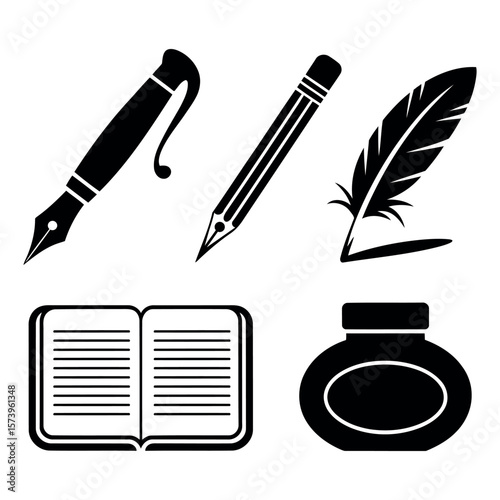 Classic writing implements and supplies collection icons