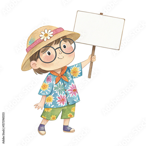 Child wearing Hawaiian costume wearing glasses standing holding a white sign blank Clipart watercolor 
