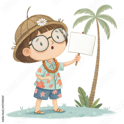 Child wearing Hawaiian costume wearing glasses standing holding a white sign blank Clipart watercolor 
