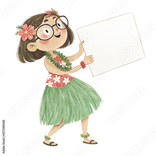Child wearing Hawaiian costume wearing glasses standing holding a white sign blank Clipart watercolor 

