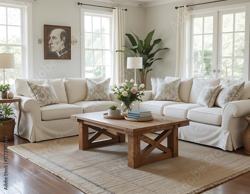 Serene Coastal Living Room:  Cream Slipcovered Sofa, Rustic Coffee Table, Natural Light, Neutral Decor.