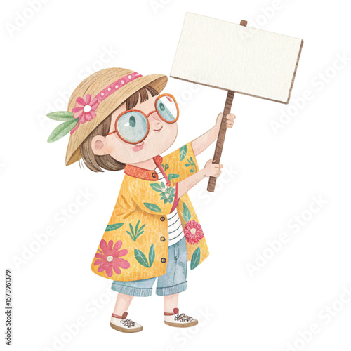 Child wearing Hawaiian costume wearing glasses standing holding a white sign blank Clipart watercolor 
