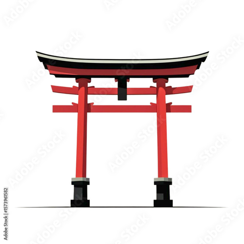 Traditional japanese red torii gate with black accents and a white curved roof