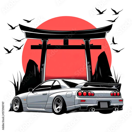 Stylized silver sports car under a japanese torii gate with a red sun and flying birds