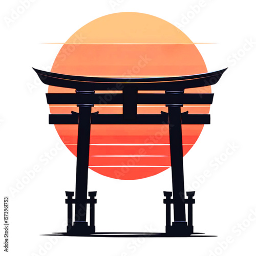 Silhouette of a traditional japanese torii gate against a vibrant retro sunset with horizontal lines