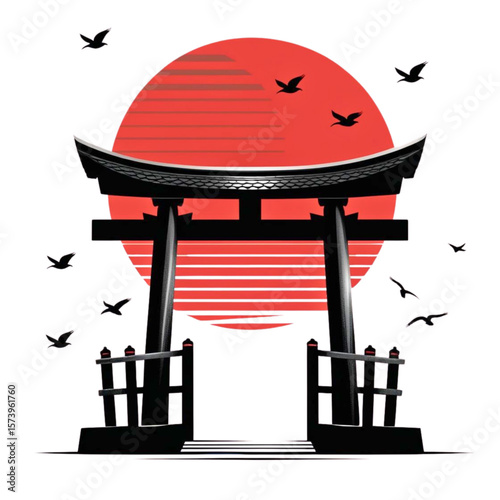 Silhouette of a traditional japanese torii gate against a vibrant red sun with flying birds
