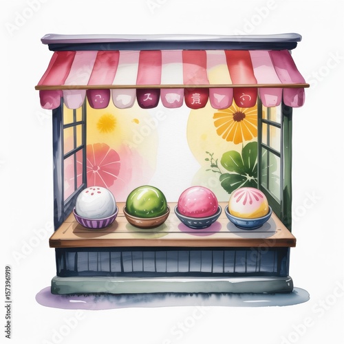Delightful Watercolor Illustration of a Colorful Ice Cream Stand With Vibrant Toppings and Flowers