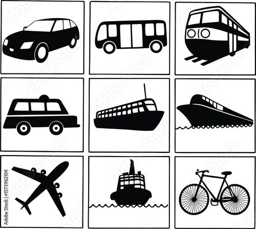 Transportation Icons: A collection of diverse transport symbols including car, bus, train, taxi, ferry, ship, airplane, cargo ship, and bicycle.