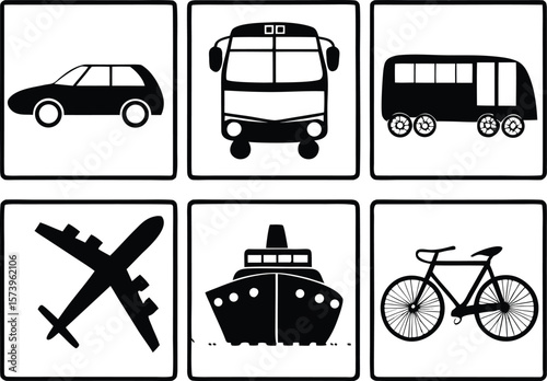 Transportation Icons: A set of six simple black and white icons representing various modes of transportation: car, bus, coach, airplane, cruise ship, and bicycle.  Perfect for travel brochures.