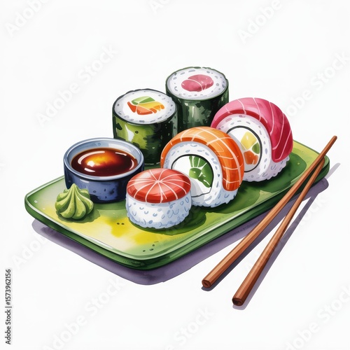Enjoying Colorful Sushi Rolls on a Green Plate With Chopsticks in a Cozy Indoor Setting
