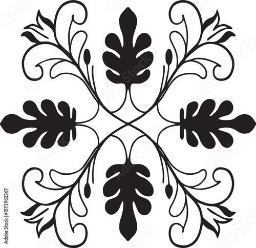 Elegant Floral Ornament: A symmetrical floral ornament, presented in a minimalist and sophisticated style, featuring intricate leaf and branch motifs with a timeless design.