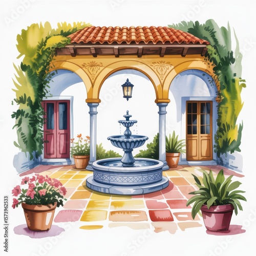 Charming Courtyard With Colorful Plants and a Serene Fountain Under a Sunlit Archway