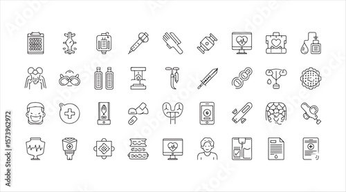 linear icon pack including pharmacy, surgery, and emergency signs.
