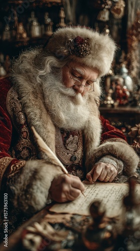 Santa Claus writing letters in a cozy workshop filled with holiday decorations during the festive season