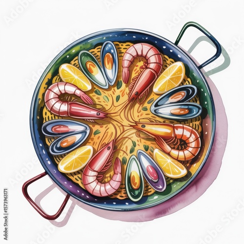 Colorful Watercolor Illustration Showcasing Seafood Paella With Shrimp and Mussels in Vibrant Presentation