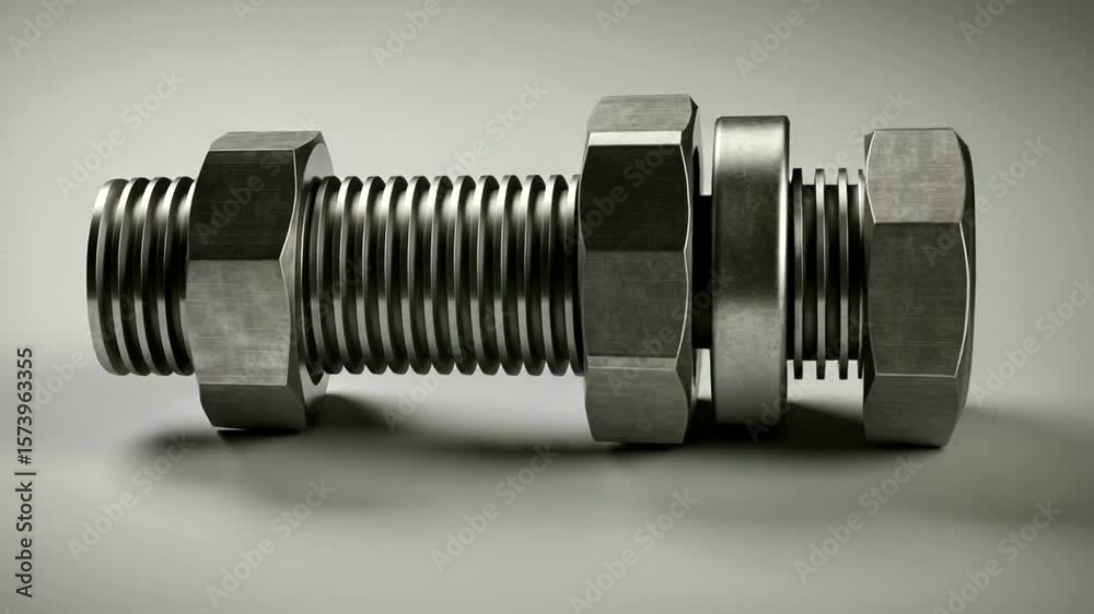 Metal bolt and nuts, close-up Machinery details on light surface Metal bolt and nuts, close-up Machinery details on light surface