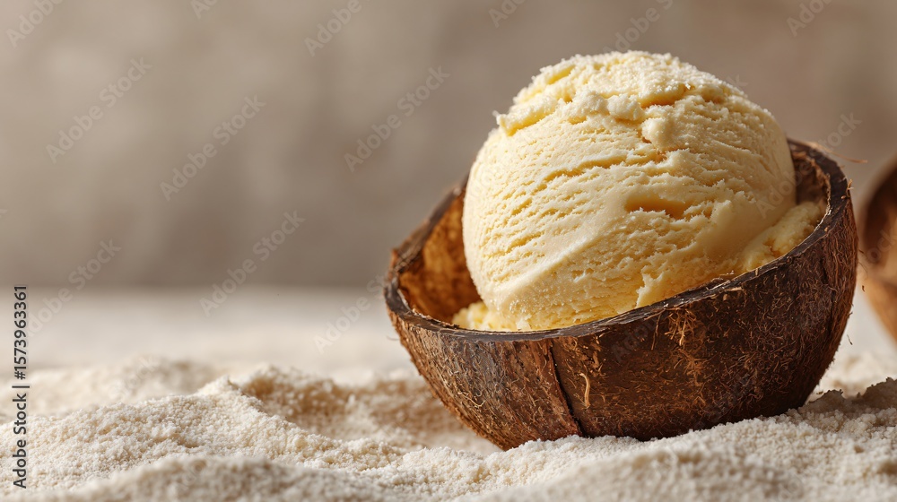 Fototapeta premium Soft lemon ice cream in coconut shell, airy sand-colored background