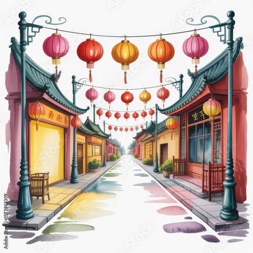 Charming Street Adorned With Colorful Lanterns in a Traditional Marketplace in the Evening