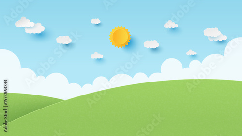 Landscape scenery with mountain and white cloud in summer blue sky background. Nature landscape. Paper cut and craft style illustration