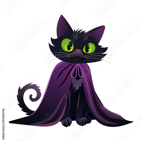 An adorable Halloween Cat in a dazzling purple cape eagerly awaits your attention