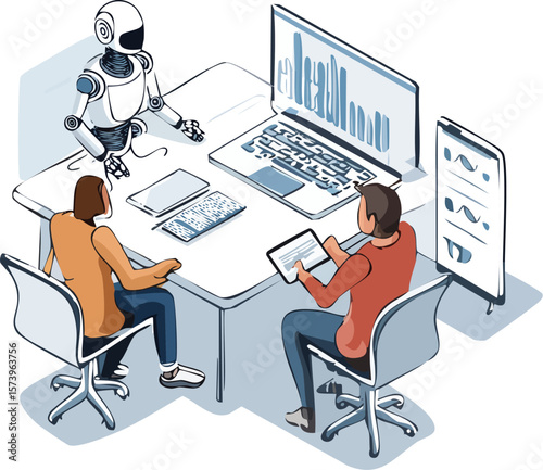 Isometric vector of diverse team and AI robot working together on tasks
