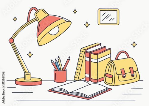 Desk with study materials and a bag isolated on white background