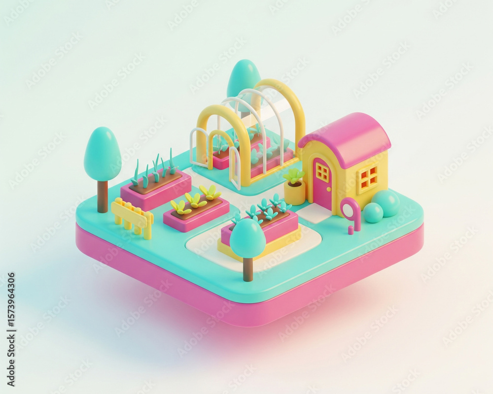 3D isometric illustration of a vibrant urban garden with a small house, raised garden beds, and greenhouses, promoting sustainable living. 3D isometric illustration of a vibrant urban garden with a small house, raised garden beds, and greenhouses, promoting sustainable living.