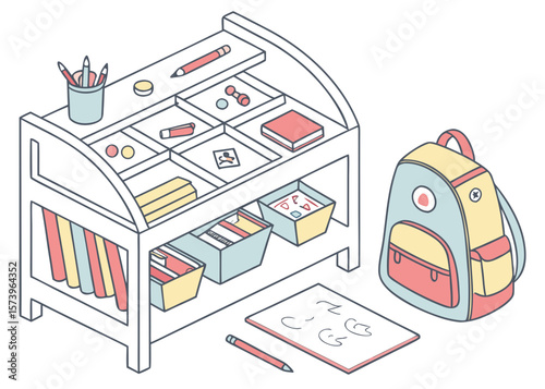 School supplies organized on a shelf with a backpack and drawing paper isolated on white background