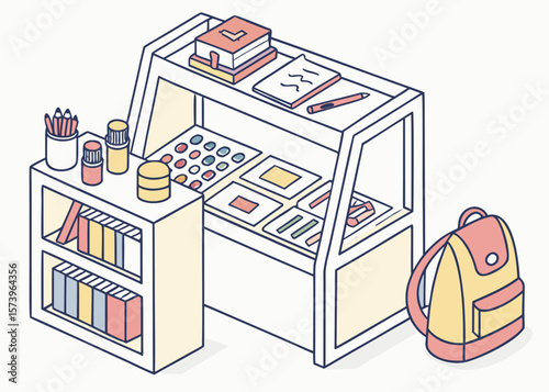 School supplies and backpack arrangement on a white background isolated on white background
