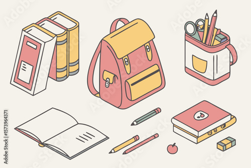 Collection of school supplies including books backpack pencils and an apple isolated on white background