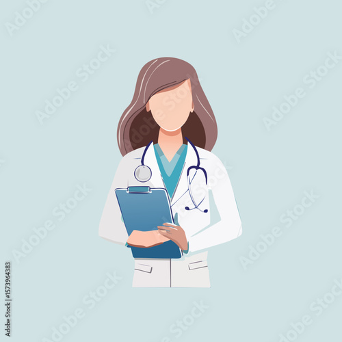 Minimalist line art vector of a doctor wearing stethoscope, holding clipboard, symbol of care, med check, health, clinic.