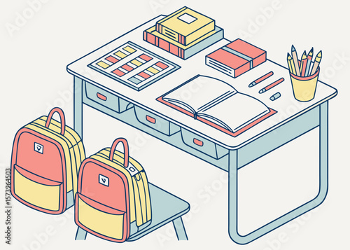 School desk with books pencils and backpacks isolated on white background