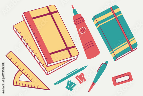 Collection of school supplies including notebooks pens ruler and eraser isolated on white background