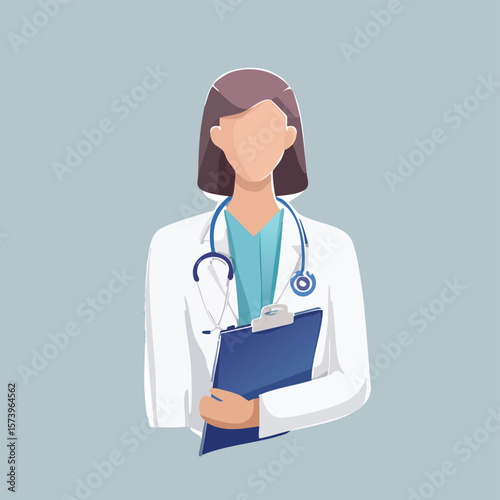 Minimalist line art of doctor with stethoscope and clipboard, flat vector