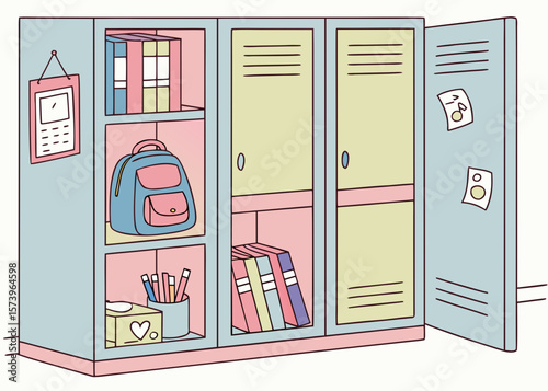 School lockers filled with books backpack and stationery isolated on white background