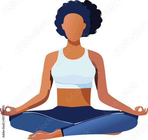 Minimalist line art of a calm woman meditating in lotus yoga pose, practicing mindfulness and balance, flat vector style for zen, spa, relax, and mind rest