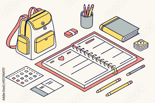 School supplies including backpack notebook pencils and eraser isolated on white background