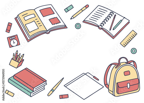 Collection of school supplies arranged in a circular frame isolated on white background