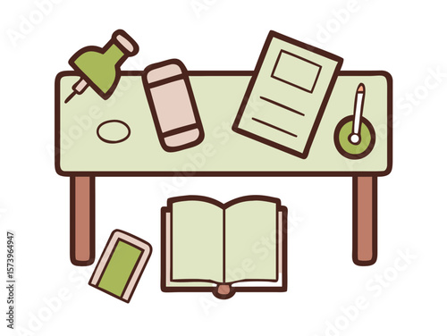 Cute cartoon desk with stationery and open book isolated on white background