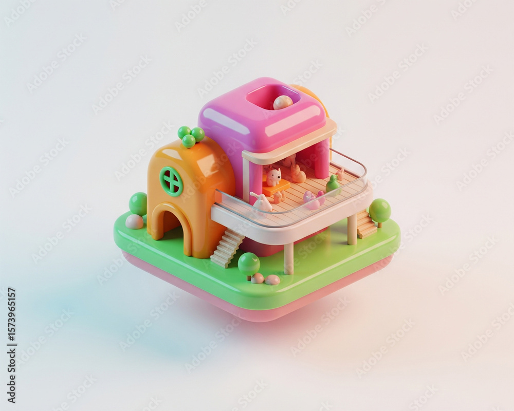 Fototapeta premium 3D isometric illustration of a multi-level modern house with a vibrant design and outdoor spaces, perfect for contemporary living.