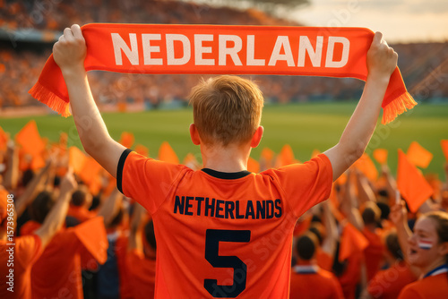 Dutch Fan Holding Nederland Scarf in Packed Stadium

