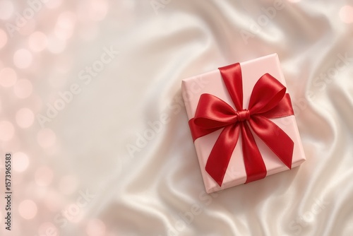 romantic Valentine’s Day banner with a pastel pink gift box tied with a silk red ribbon