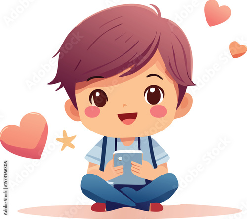Adorable cartoon character sitting cross-legged, holding phone, typing cute social post, sweet vibe, flat vector