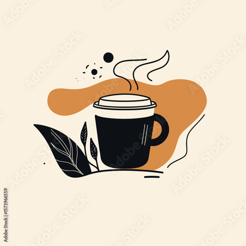 Minimalist steaming coffee cup with lid and decorative leaves abstract shape vector illustration for cafe branding and beverage concept design