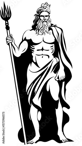 Poseidon Greek god trident holding standing muscular male figure black and white minimalist vector outline engraving style illustration